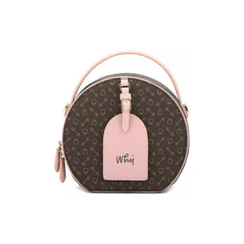 Why Artificial Leather Small Round Shoulder Bag, Crossbody Bag, Handbag Small Size Women's Coffee & Pink/Apricot & Blue