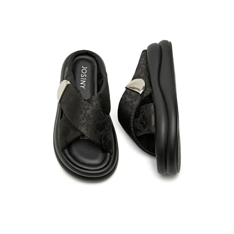 JOSINY Beach Slide Slippers Women's Black/Ecru/Grass Green-4