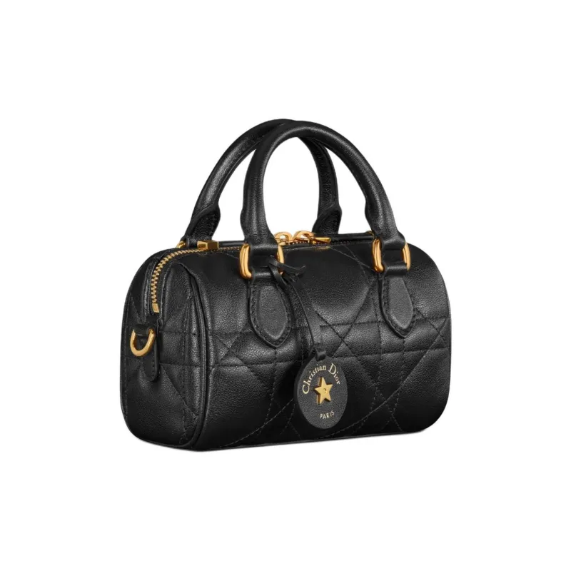 DIOR Macrocannage Calfskin Boston Bag Handbag Shoulder Bag Crossbody Bag Mini Women's Black-1