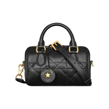 DIOR Macrocannage Calfskin Boston Bag Handbag Shoulder Bag Crossbody Bag Mini Women's Black