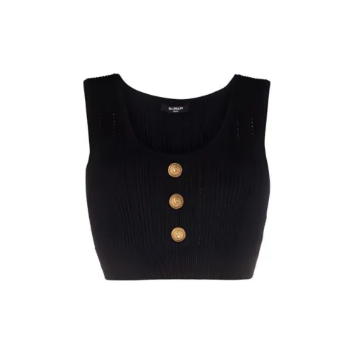 BALMAIN Logo button Cropped Sleeveless Knitted Top