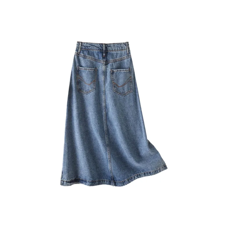 Weixi Denim Long Skirts Women's Blue-1