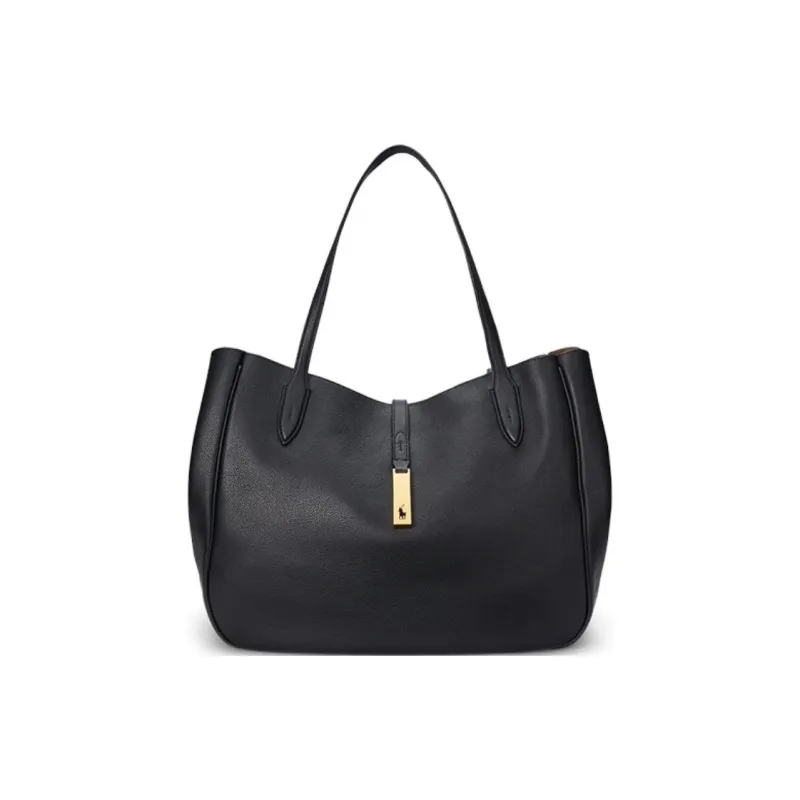 Polo Ralph Lauren Cow Leather Tote Bag Shopping Bag One Shoulder Portable Medium Size Women's Black-0