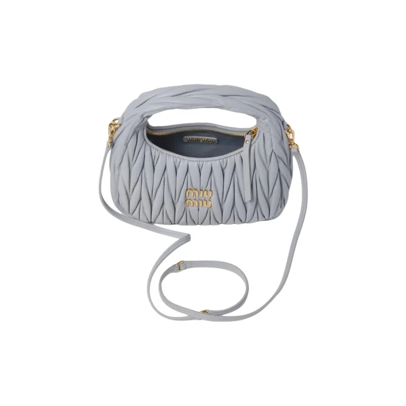 MIU MIU Wander Series Soft Sheep Leather Crescent Bag Shoulder Bag Crossbody Bag Handbag Small Size Women's Pearl Gray-3