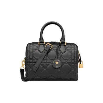 DIOR Macrocannage Calfskin Boston Bag Handbag Shoulder Bag Crossbody Bag Women's Black