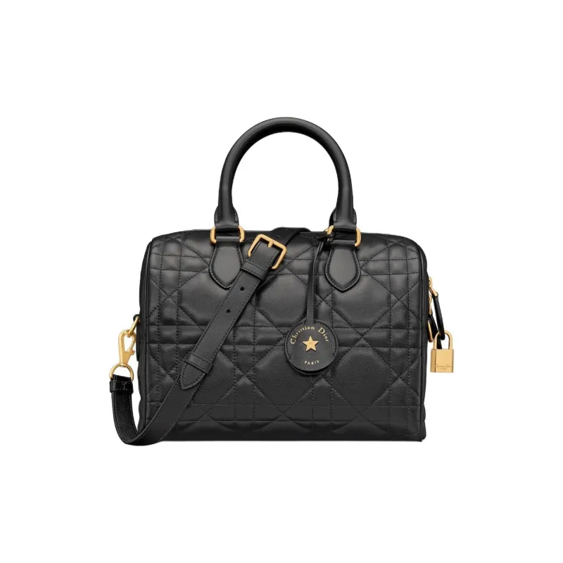 DIOR Macrocannage Calfskin Boston Bag Handbag Shoulder Bag Crossbody Bag Women's Black-0