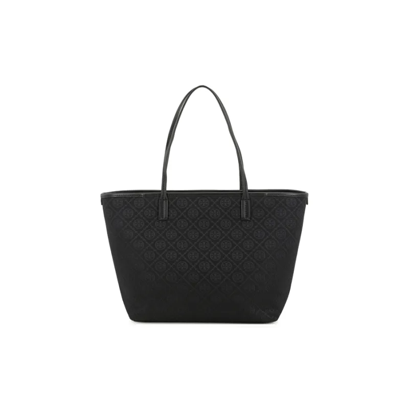 TORY BURCH T Monogram Fabric Cow Leather Patchwork Tote Bag Shopping Bag Handbag Shoulder Bag Medium Size Women's Black-5