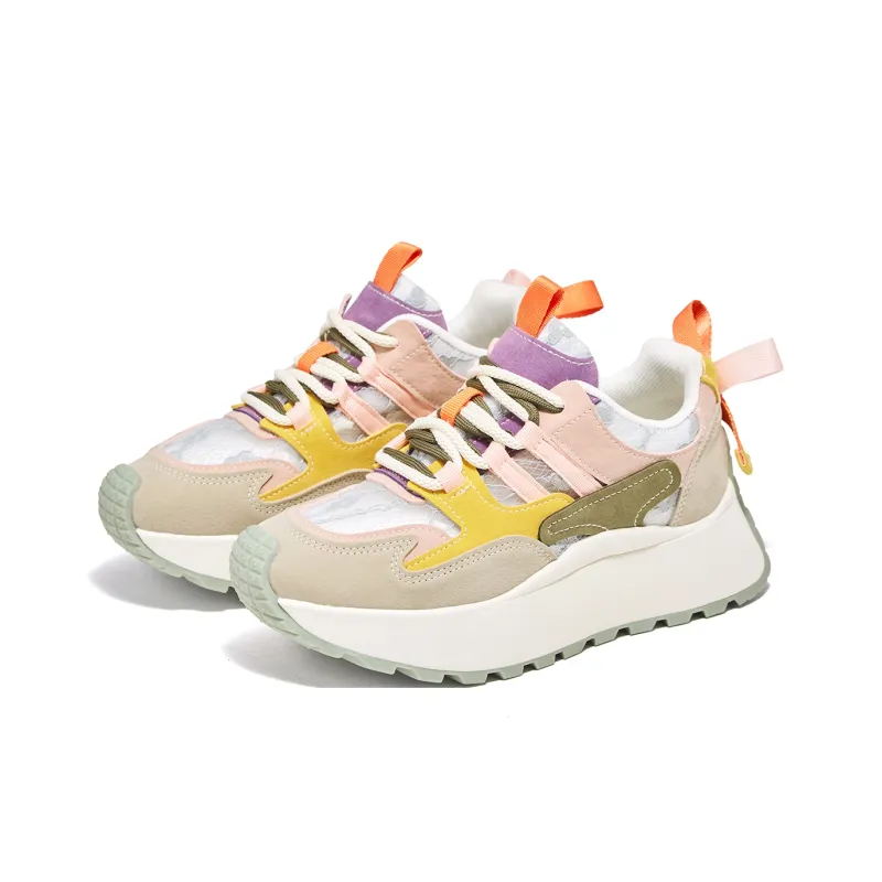 FOXER Cushioning Abrasion Resistant Lightweight Height Increasing Mat Low Top Chunky Sneakers Women's Beige/Pink/Yellow-2