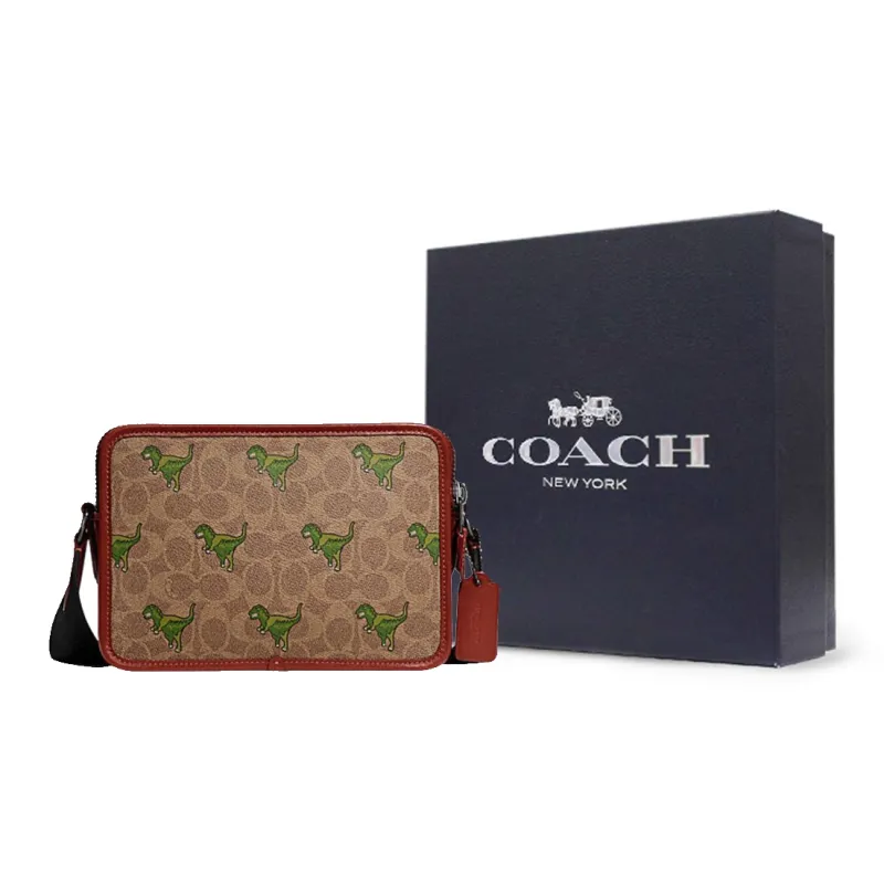 COACH Charter Cow Leather Small Square Bag Shoulder Bag, Crossbody Bag Medium Size Men's Brown Yellow & Rusty Red-6