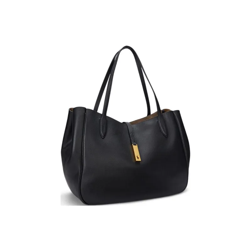Polo Ralph Lauren Cow Leather Tote Bag Shopping Bag One Shoulder Portable Medium Size Women's Black-1