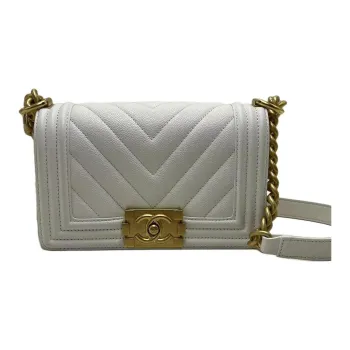 CHANEL LEBOY Shiny Calfskin Flap Bag, Shoulder Bag, Crossbody Bag Small Size Women's White