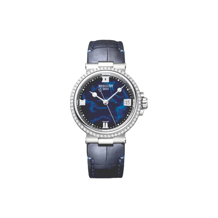 BREGUET MARINE Automatic Mechanical Movement Unisex Watch 33.8mm Blue Dial Steel Case Leather Watch Bands-0