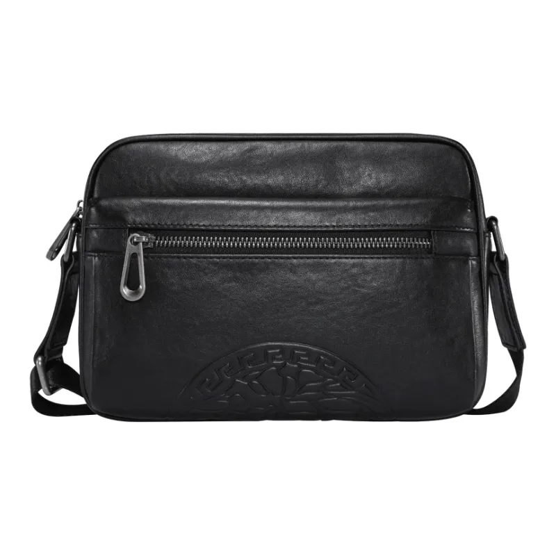 Old Man's Head Cow Leather Small Backpack, Shoulder Bag, Crossbody Bag Men's Black-0