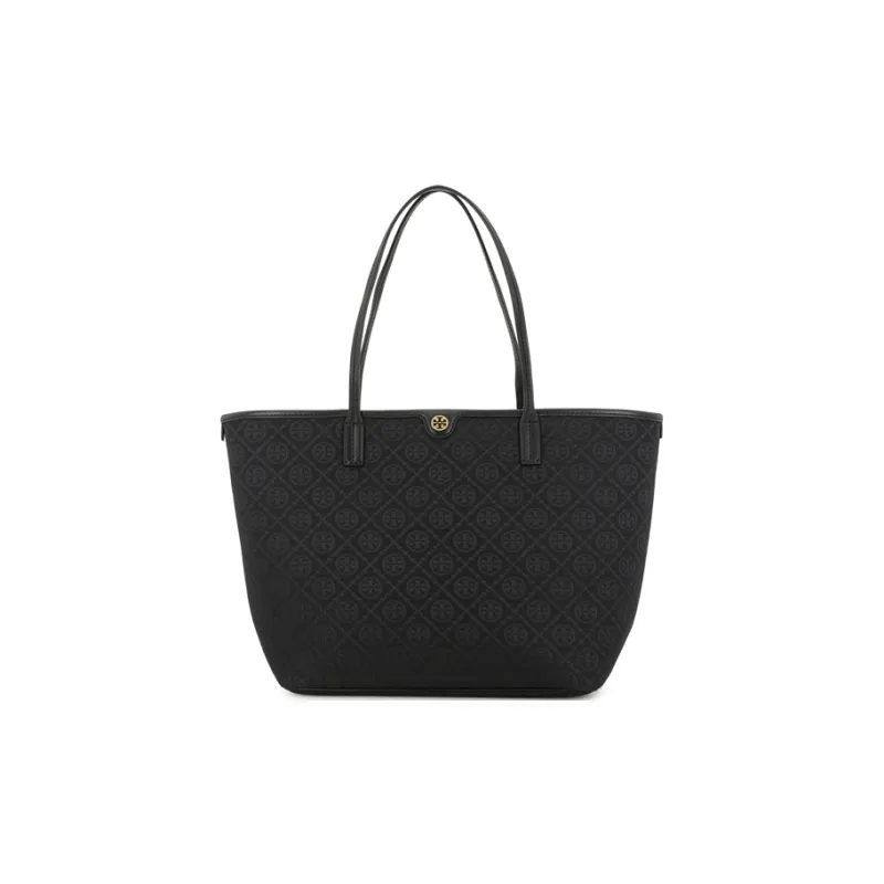 TORY BURCH T Monogram Fabric Cow Leather Patchwork Tote Bag Shopping Bag Handbag Shoulder Bag Medium Size Women's Black-1