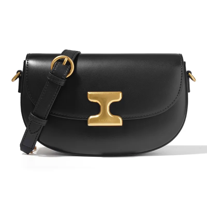 SHEPOK Cow Leather Shoulder Bag Crossbody Bag Saddle Bag Shoulder Bag Women's Coffee/Black/Ecru-6