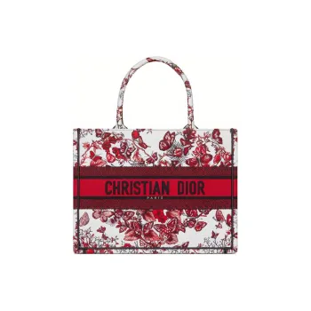 DIOR BookTote Embroidery Totes Shopping Bags Handbags Medium Size Women's Red