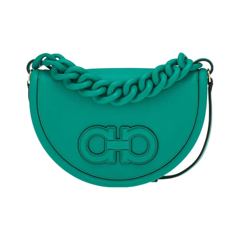 FERRAGAMO AURA Calfskin Crescent Bag, Shoulder Bag, Crossbody Bag, Handbag Women's Green-0