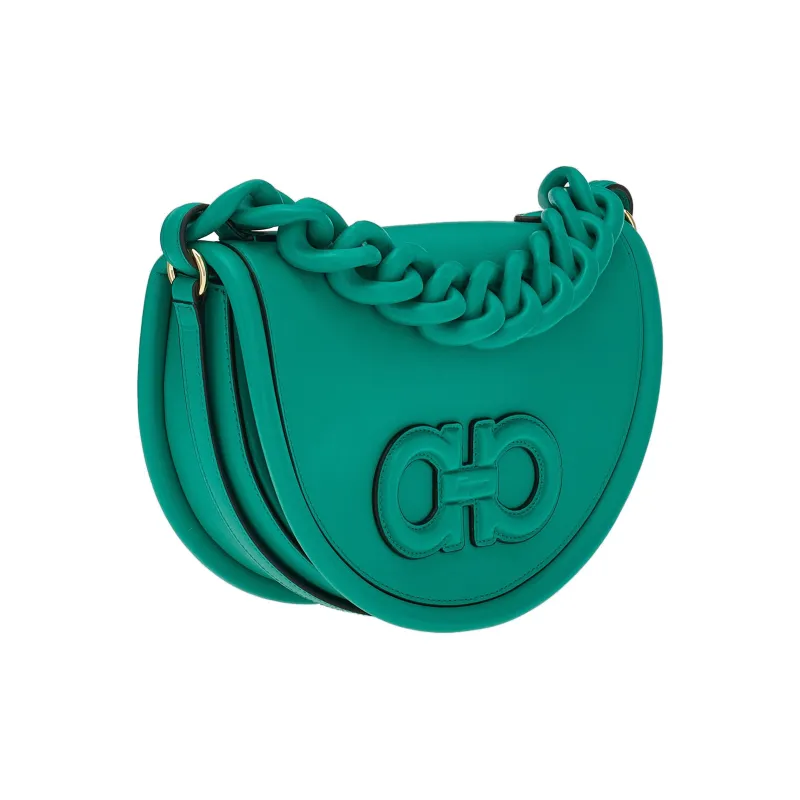 FERRAGAMO AURA Calfskin Crescent Bag, Shoulder Bag, Crossbody Bag, Handbag Women's Green-2