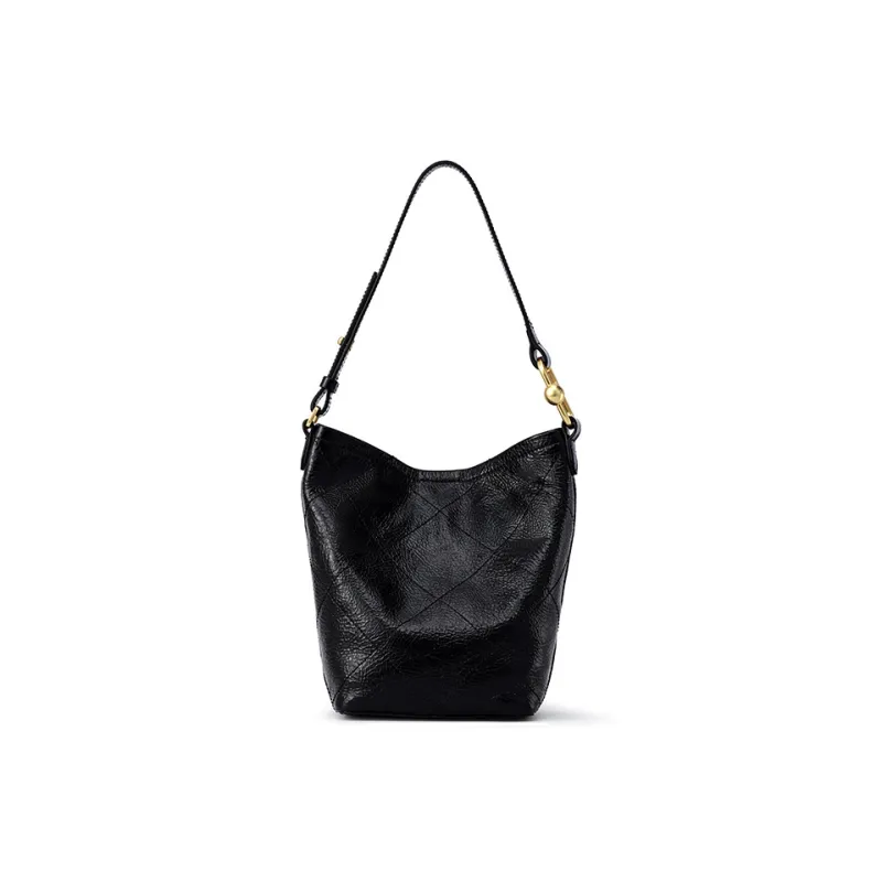 FION Soft Genuine Leather Bucket Bag, Shoulder Bag Medium Size Women's Black-4
