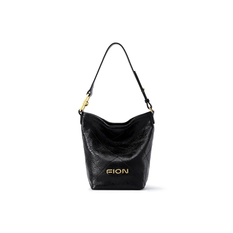 FION Soft Genuine Leather Bucket Bag, Shoulder Bag Medium Size Women's Black-0