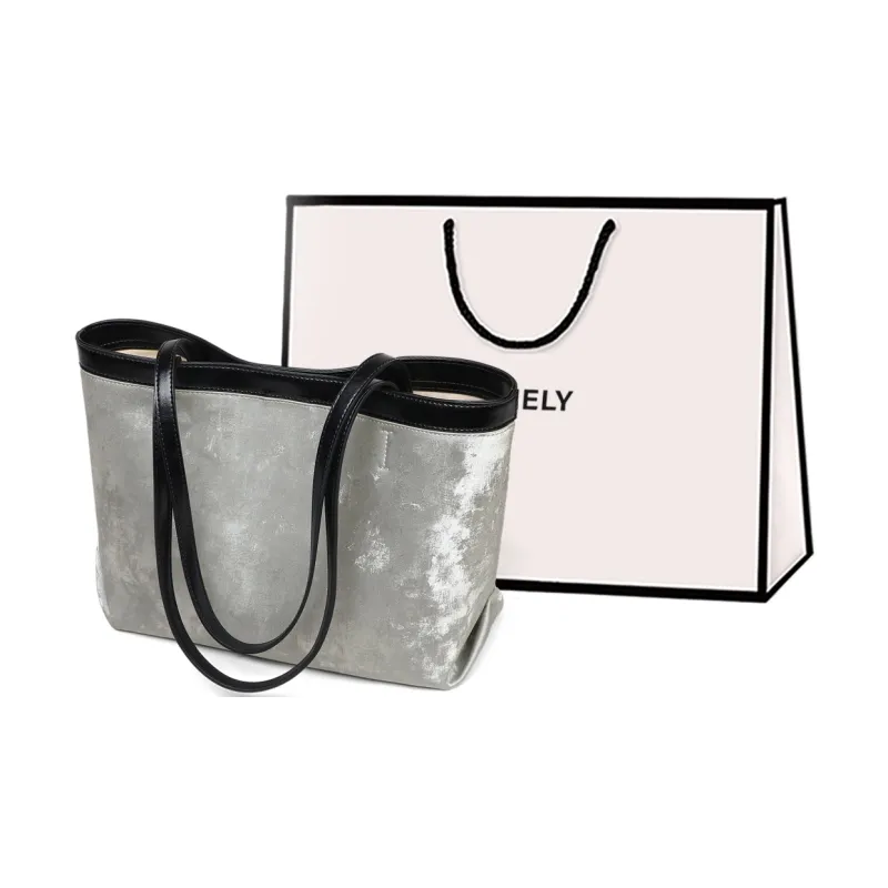 COMELY Cow Split Leather Bonded Synthetic Leather Tote Bag Shopping Bag Shoulder Bag Regular Women's Silver/Black-0