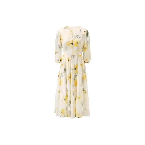 COMOBOCA Short-Sleeved Dresses Women's Yellow Floral Smudge