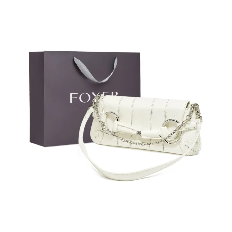 FOXER Cow Leather With Synthetic Leather Shoulder Bag Women's Silver-6