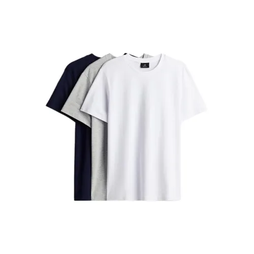 H&M T-Shirts Men 3 Pieces Set White + Mixed Gray + Navy Blue