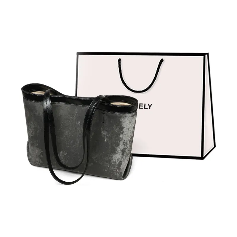 COMELY Cow Split Leather Bonded Synthetic Leather Tote Bag Shopping Bag Shoulder Bag Regular Women's Silver/Black-6