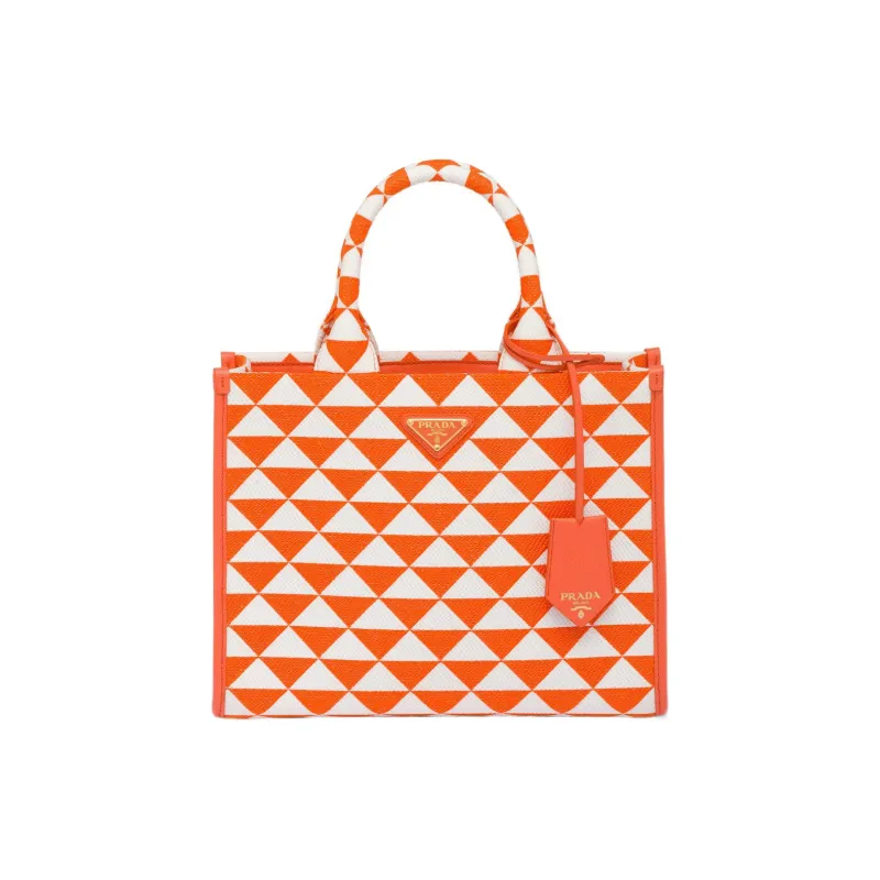 PRADA Fabric With Leather Tote Bag, Shopping Bag, Handbag Trumpets Women's Orange/White-0