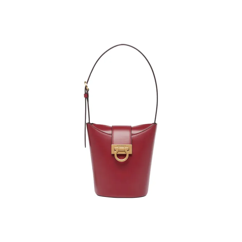FERRAGAMO Trifolio Cow Leather French Fries Bag Bucket Bag Handbag Shoulder Bag Women's Red-0