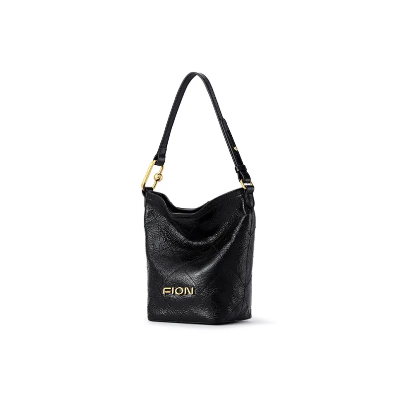 FION Soft Genuine Leather Bucket Bag, Shoulder Bag Medium Size Women's Black-1