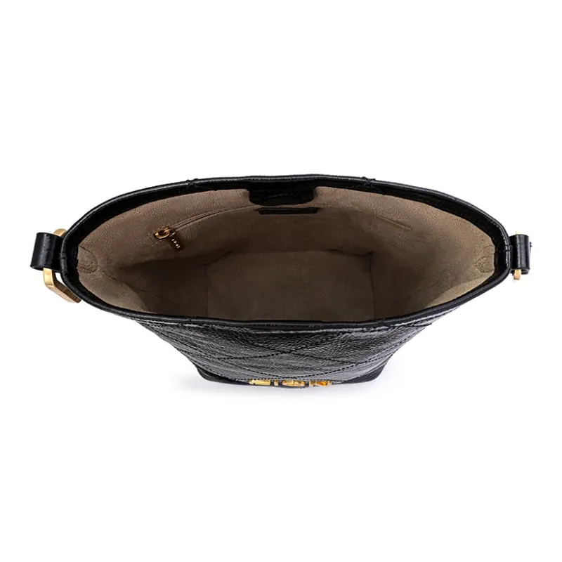 FION Soft Genuine Leather Bucket Bag, Shoulder Bag Medium Size Women's Black-6