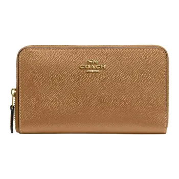 COACH Zip Around Cross-Stitch Leather Card Holder Wallet Women's Light Camel