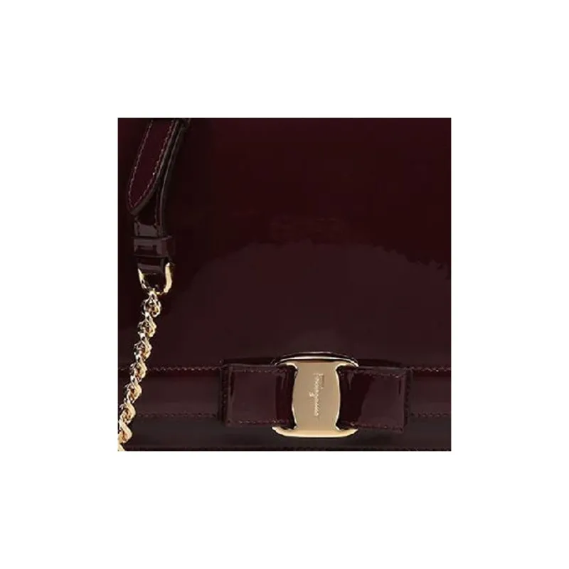 FERRAGAMO Vara Patent Leather Shoulder Bag Crossbody Bag Women's Brown-4