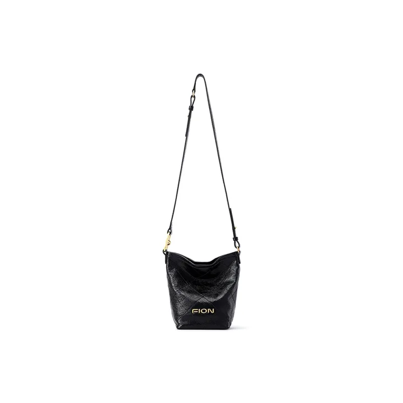 FION Soft Genuine Leather Bucket Bag, Shoulder Bag Medium Size Women's Black-2