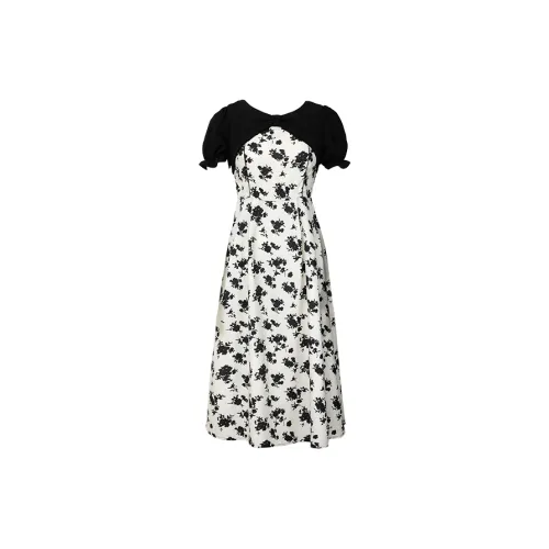 SUNSUNTOWN Short-Sleeved Dresses Women's Black Floral Pattern