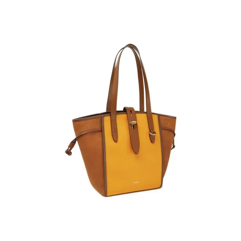 Furla Net Collection Grained Calfskin Tote Bag, Shopping Bag, Shoulder Bag, Handbag Medium Size Women's Brown & Yellow-1