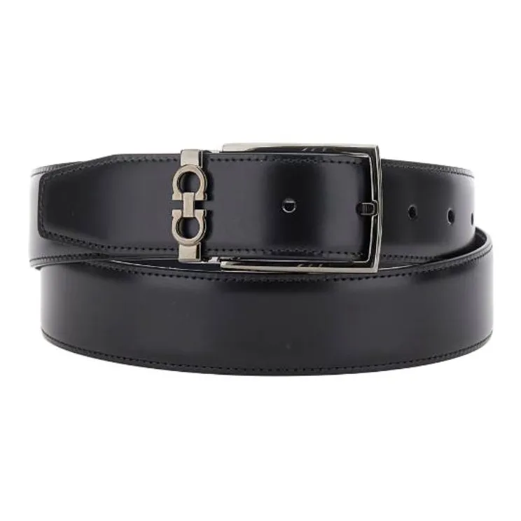 FERRAGAMO Double Sided GANCINI Pin Buckle Calfskin Leather Belts Men's Black-1