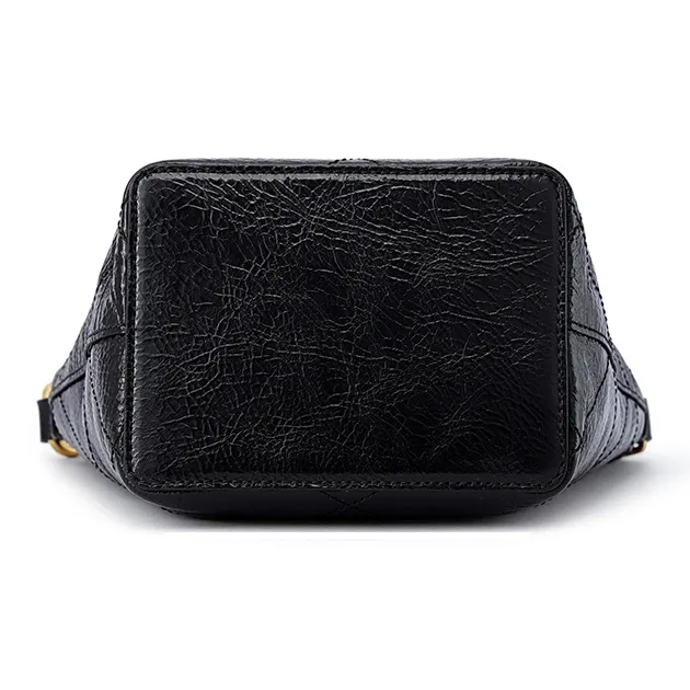 FION Soft Genuine Leather Bucket Bag, Shoulder Bag Medium Size Women's Black-5