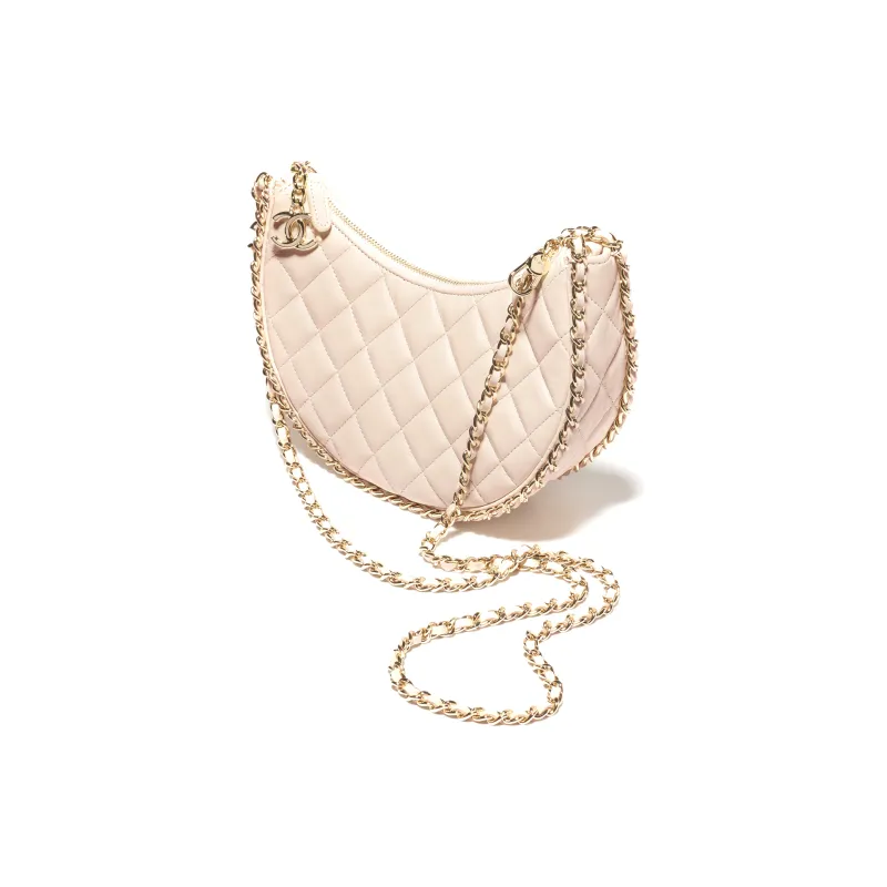 CHANEL Lambskin Hobo Bag, Crossbody Bag, Shoulder Bag Trumpets Women's Beige-1