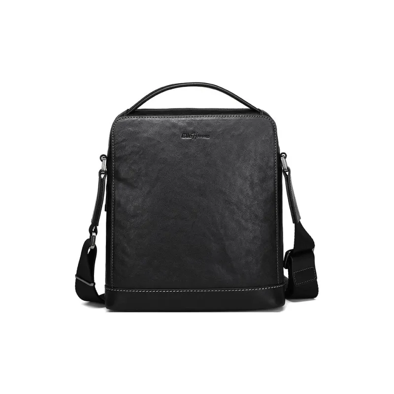 ELLE HOMME Vegetable Tanned Top Grain Cow Leather Shoulder Bag Handbag Crossbody Bag Men's Black-0