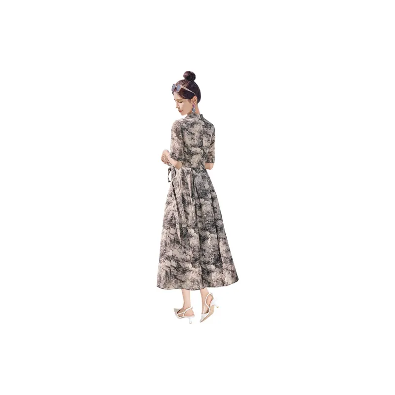 Cypress House Short-Sleeved Dresses Women's Beige Base With Black Flowers-1