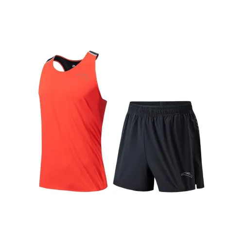 ANTA Running Collection Casual Sportswear Men Sports Suit Fluorescent Orange-red Vest + Basic Black Shorts