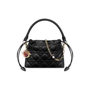 DIOR Lady Dior Wicker Pattern Leather Shoulder Bag Crossbody Bag Handbag Mini Women's Black