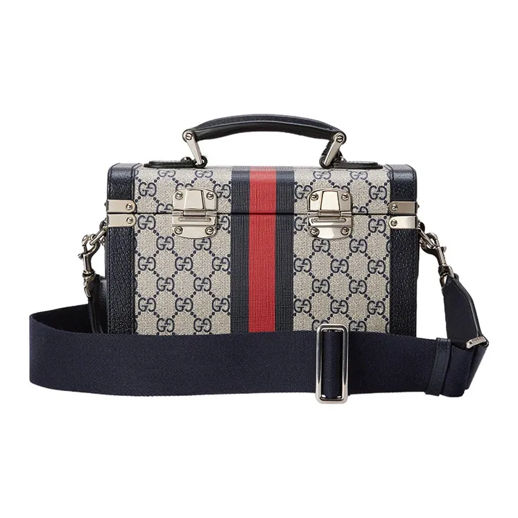 GUCCI Canvas With Leather Portable One Shoulder Crossbody Makeup Bag Women's Beige/Blue-3