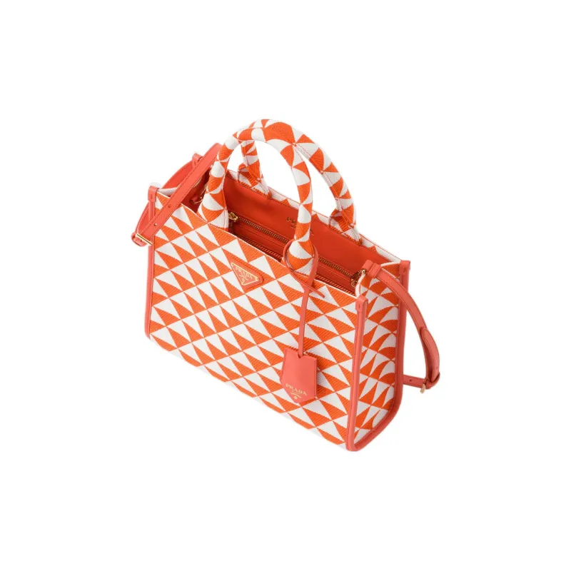 PRADA Fabric With Leather Tote Bag, Shopping Bag, Handbag Trumpets Women's Orange/White-2