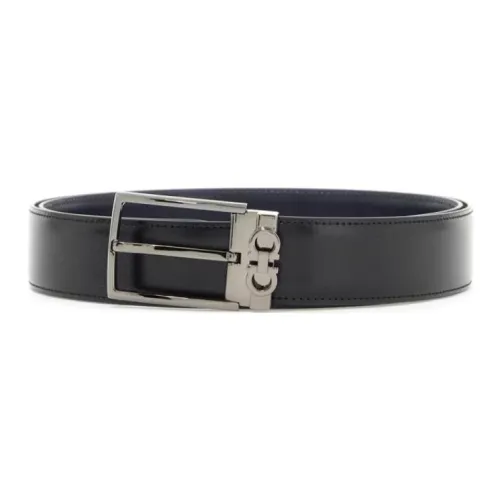 FERRAGAMO Double Sided GANCINI Pin Buckle Calfskin Leather Belts Men's Black