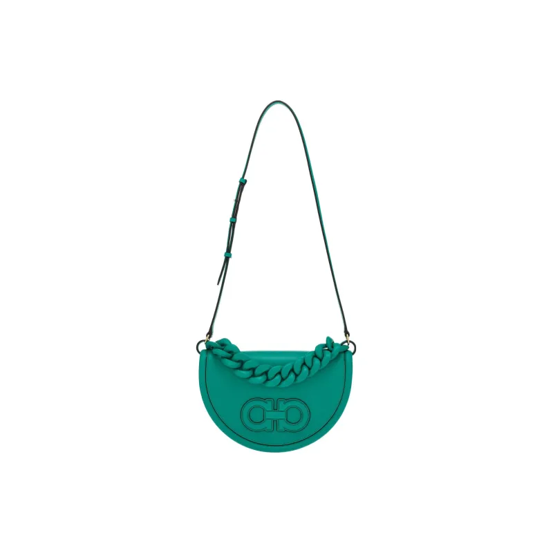 FERRAGAMO AURA Calfskin Crescent Bag, Shoulder Bag, Crossbody Bag, Handbag Women's Green-1