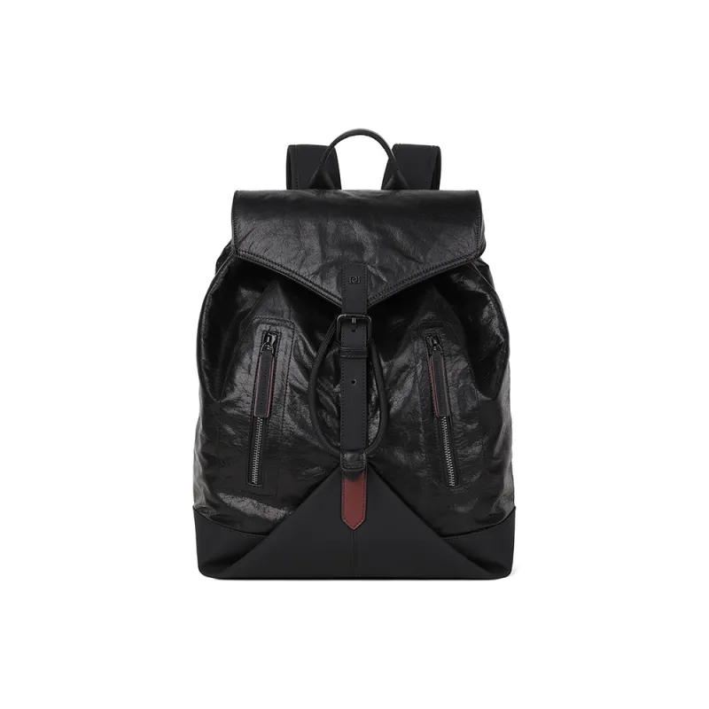 PIERRE CARDIN Cow Leather Patchwork With Synthetic Leather And Fabric Backpack Large Size Men's Black-1